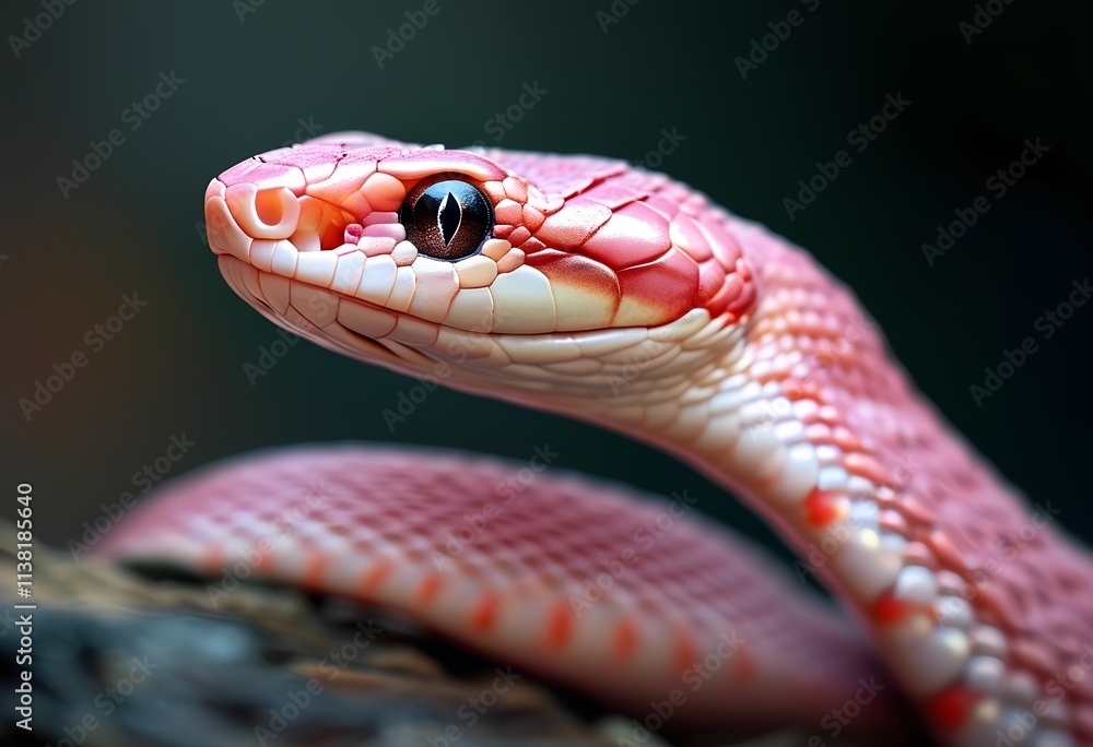 A close-up of a pink and white snake with striking black eyes A close-up of a pink and white snake with striking black eyes