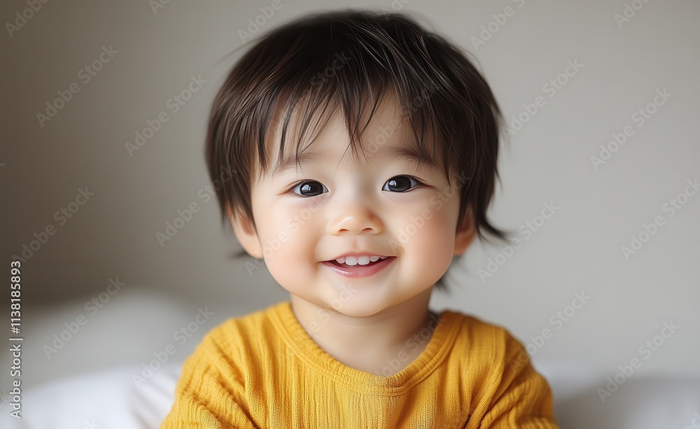 cute baby wearing yellow smiles and lies on the bed cute baby wearing yellow smiles and lies on the bed