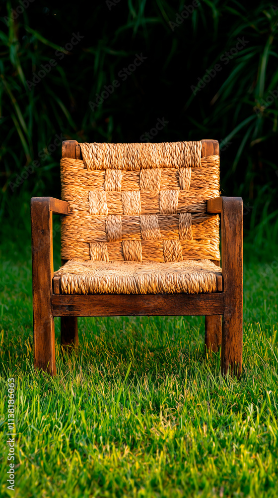 Wooden Chair with Woven Straw Seat on Grass Wooden Chair with Woven Straw Seat on Grass