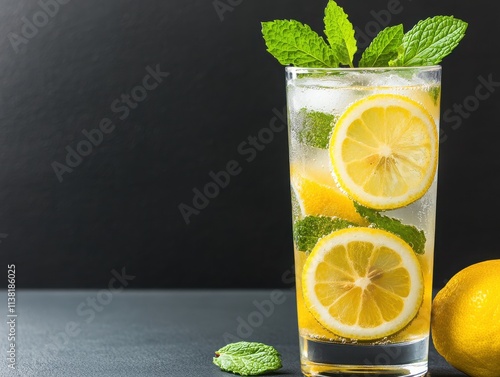 Refreshing lemon mint drink with ice cubes, garnished with fresh mint leaves, perfect for summer relaxation and hydration. photo