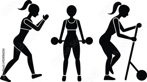 Women fitness exercise with machines silhouette