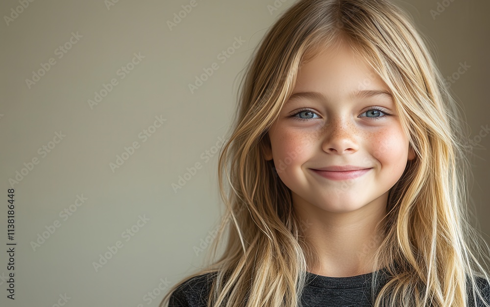 Smiling young girl with long blonde hair sitting indoors against a neutral background during daylight Smiling young girl with long blonde hair sitting indoors against a neutral background during daylight