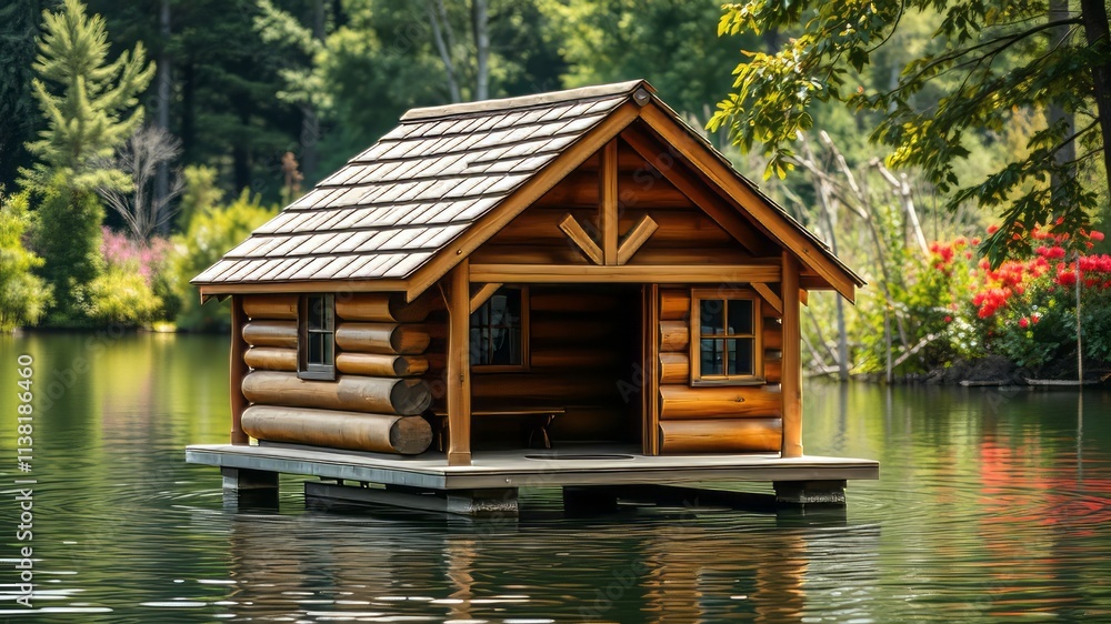 Wooden Duck House on Lake, Colorful, Bright, Stunning Wooden Duck House on Lake, Colorful, Bright, Stunning