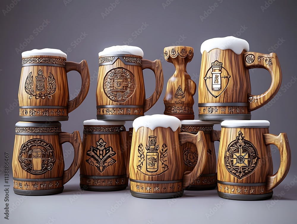 A collection of wooden beer mugs engraved with Bavarian and Oktoberfest symbols A collection of wooden beer mugs engraved with Bavarian and Oktoberfest symbols