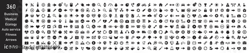 Set of icons, mega collection 360 icons. Business, fitness, medicals, sport, ecology, food, auto service, finance, arrows. Vector.