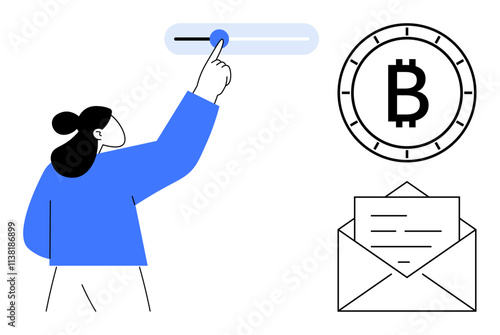 Person adjusting interface slider, Bitcoin symbol, and envelope with paper. Ideal for finance, digital transactions, cryptocurrency, email communication, technology, financial management, modern