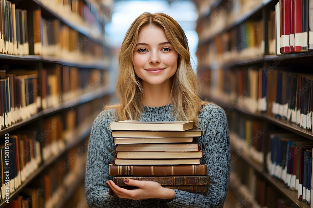 Smiling Young Woman Holding Stack of Books in a Library Interior Education Concept AI Generated Smiling Young Woman Holding Stack of Books in a Library Interior Education Concept AI Generated