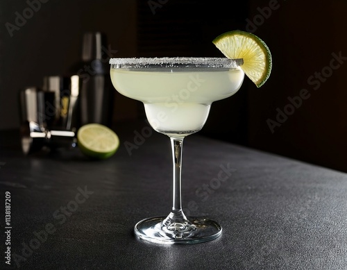 Refined cocktail in a margarita glass, set in a sophisticated, minimalist style with backlighting. Captured in professional photography, winner of photo awards.