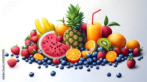 Assortment of Tropical Juicy Fruits With Smoothie Drink Illustration White Background AI Generated