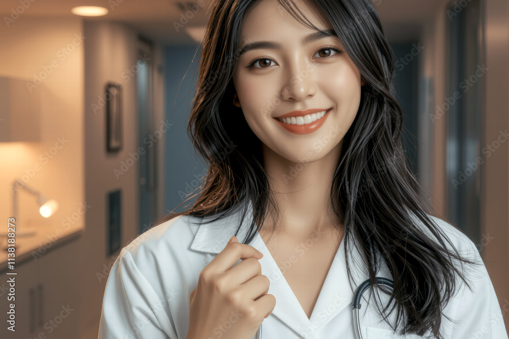 smiling female doctor in white coat, showcasing professionalism and warmth in modern medical setting. Her confident demeanor reflects care and dedication smiling female doctor in white coat, showcasing professionalism and warmth in modern medical setting. Her confident demeanor reflects care and dedication