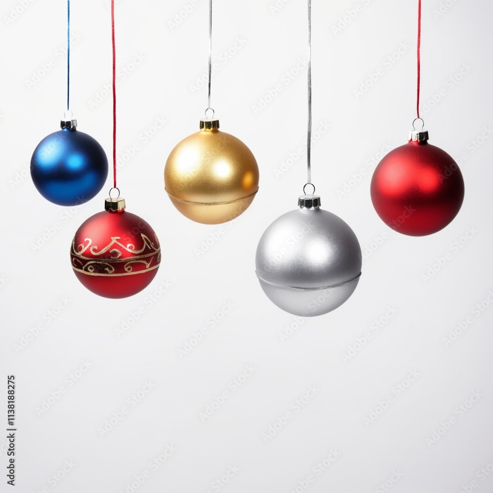 Collection set of five silver, blue, golden and red Chritmas balls hanging with a string, Christmas shiny baubles isolated on transparent background Collection set of five silver, blue, golden and red Chritmas balls hanging with a string, Christmas shiny baubles isolated on transparent background