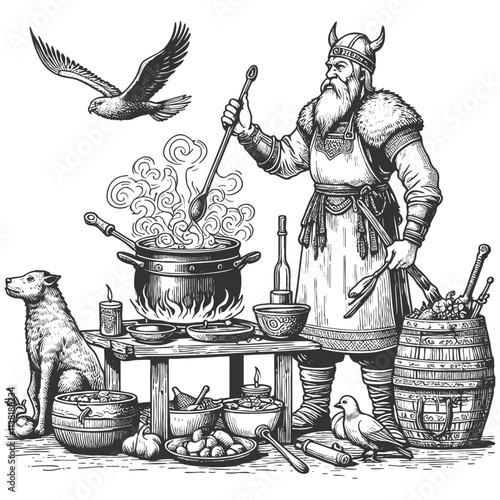 Viking cooking over a cauldron, surrounded by food, animals, and tools, creating a festive scene sketch engraving generative ai vector illustration. Scratch board imitation. Black and white image.