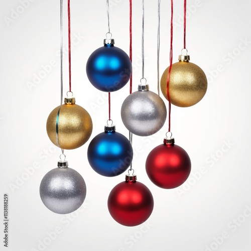 Collection set of five silver, blue, golden and red Chritmas balls hanging with a string, Christmas shiny baubles isolated on transparent background