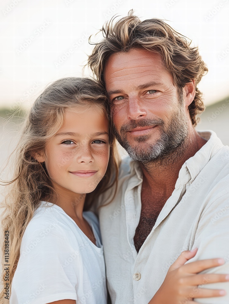 A man and a little girl are standing together on a beach A man and a little girl are standing together on a beach