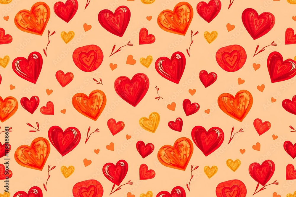 Hearts and Twigs Seamless Pattern: A cheerful and vibrant pattern featuring a delightful array of red and orange hearts, intertwined with delicate twigs. Hearts and Twigs Seamless Pattern: A cheerful and vibrant pattern featuring a delightful array of red and orange hearts, intertwined with delicate twigs.