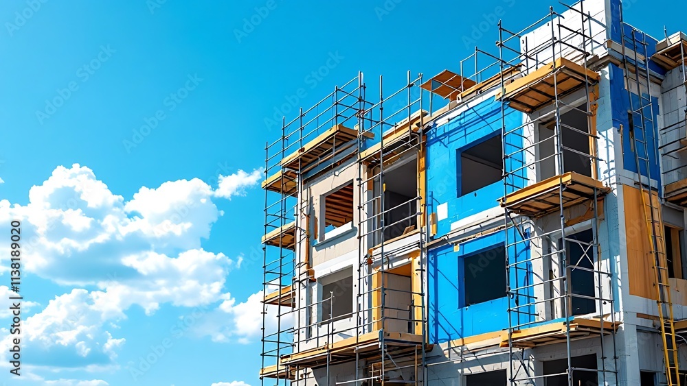 Thermal insulation of a multi-story apartment building using scaffolding and thick slabs of rock mineral wool against a background of the blue sky Thermal insulation of a multi-story apartment building using scaffolding and thick slabs of rock mineral wool against a background of the blue sky