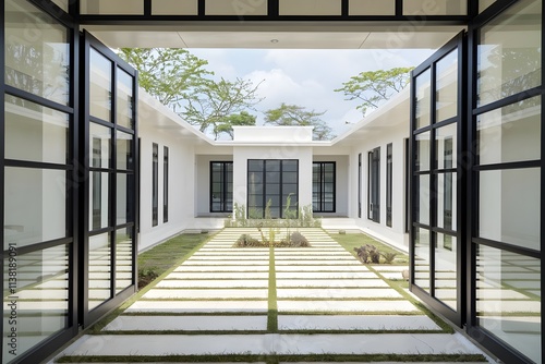 the exterior architecture of a modern minimalist house is seen from outside the house with a garage and a beautiful small garden. photo