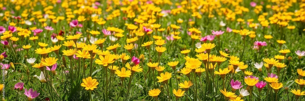 Vibrant yellow daffodil flowers blooming in a lush green field under the bright sun, growth, nature, beauty Vibrant yellow daffodil flowers blooming in a lush green field under the bright sun, growth, nature, beauty