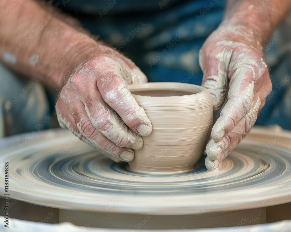 A potter crafting a clay cup at a pottery wheel, focusing on the shaping process, emphasizing the creation of earthenware for serving drinks, highlighting the craftsmanship and pottery techniques A potter crafting a clay cup at a pottery wheel, focusing on the shaping process, emphasizing the creation of earthenware for serving drinks, highlighting the craftsmanship and pottery techniques