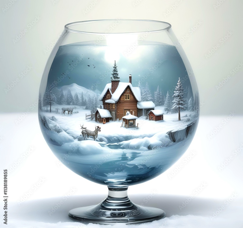 Illustration of tiny world landscape inside wine glass. Illustration of tiny world landscape inside wine glass.