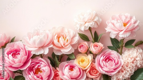 Fototapeta Naklejka Na Ścianę i Meble -  Vintage style artificial flowers wall background with delicate pink roses, peonies, and hydrangeas in muted pastel tones, pastel tones, wall