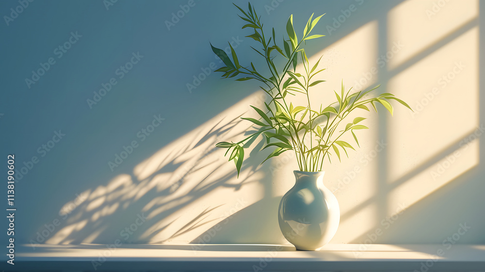 Serene sunlight illuminates a simple white vase holding vibrant green stems. A minimalist, peaceful scene. Serene sunlight illuminates a simple white vase holding vibrant green stems. A minimalist, peaceful scene.