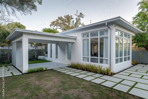 the exterior architecture of a modern minimalist house is seen from outside the house with a garage and a beautiful small garden. photo