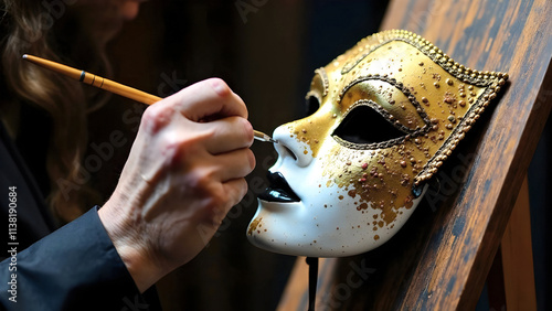 Close-up of an artisan painting a Venetian masquerade mask with gold detailing and texture, perfect for showcasing handmade crafts or artistic themes. Selective focus photo