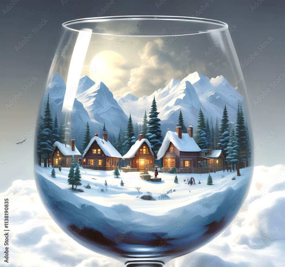 Illustration of tiny world landscape inside wine glass. Illustration of tiny world landscape inside wine glass.