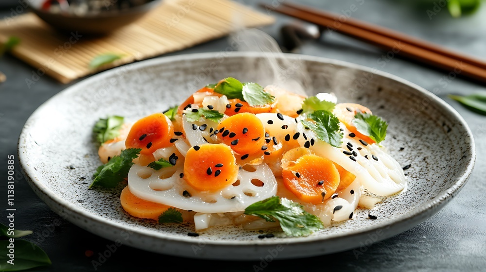 A beautifully plated lotus root stir-fry with colorful vegetables, served on a minimalist white plate, delicate steam rising, with chopsticks and a bamboo mat in the background, A beautifully plated lotus root stir-fry with colorful vegetables, served on a minimalist white plate, delicate steam rising, with chopsticks and a bamboo mat in the background,