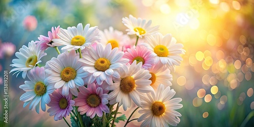 Serenity in Bloom: Detailed Closeup of White and Pink Daisy Bouquet in Low Light Photography, Perfect for Spring Floral Wall Decor, Pastoral Setting, Nature Aesthetic, Tranquility, Home Decor