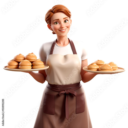 Smiling Baker Woman Holding Two Trays of Delicious Pastries. Transparent Background.