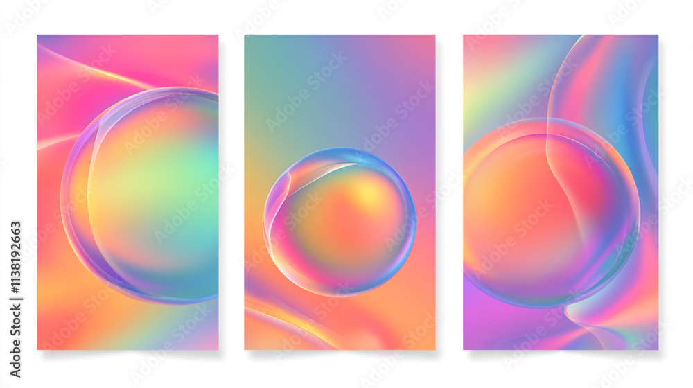 Fototapeta premium Three iridescent spheres with light reflections isolated on white background. Colorful banner design with 3d gradient background