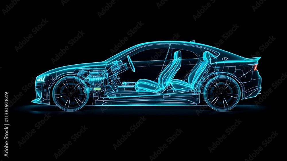 Blue hologram ordinary car, car structure, side view, black background Blue hologram ordinary car, car structure, side view, black background