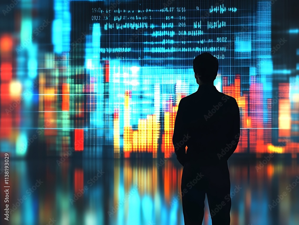 Business professional discussing market insights with digital screen in background Business professional discussing market insights with digital screen in background