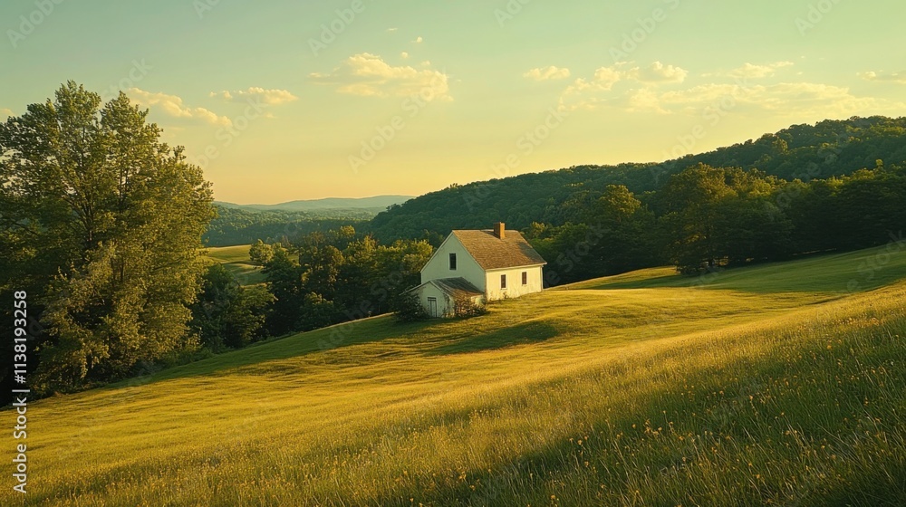Farmhouse, rolling hills, sunset. Peaceful scene. Farmhouse, rolling hills, sunset. Peaceful scene.