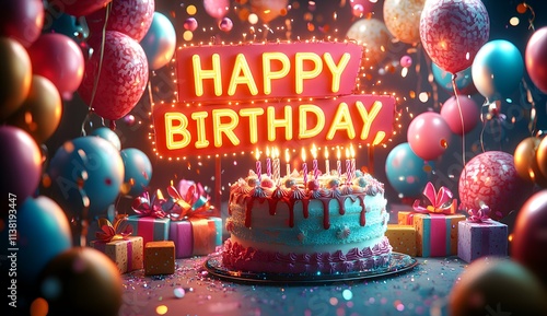 Colorful Happy Birthday Text with Cake, Candle, Balloons, and Presents Party Celebration AI Generate