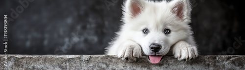 Adorable white puppy peeking over a stone ledge, showcasing its playful personality.
