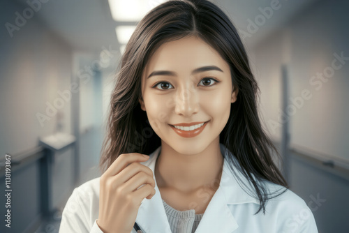 smiling woman in white lab coat stands in hospital corridor, exuding confidence and warmth. Her friendly demeanor creates welcoming atmosphere for patients