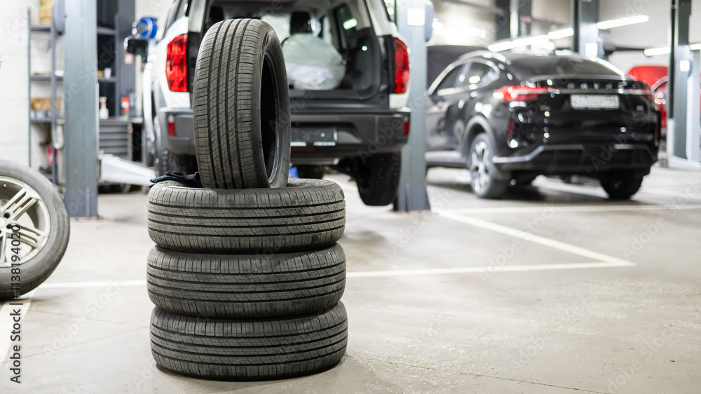 Changing tires for a car according to the season. Changing tires for a car according to the season.