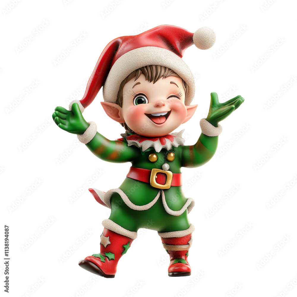 3D cartoon, happy Christmas elf white background 3D cartoon, happy Christmas elf white background