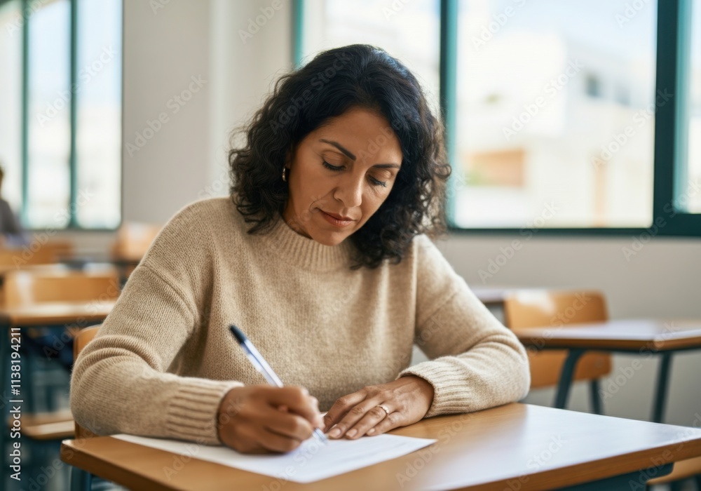 Concentrated mature student taking a written exam in a classroom setting, demonstrating focus and academic dedication Concentrated mature student taking a written exam in a classroom setting, demonstrating focus and academic dedication