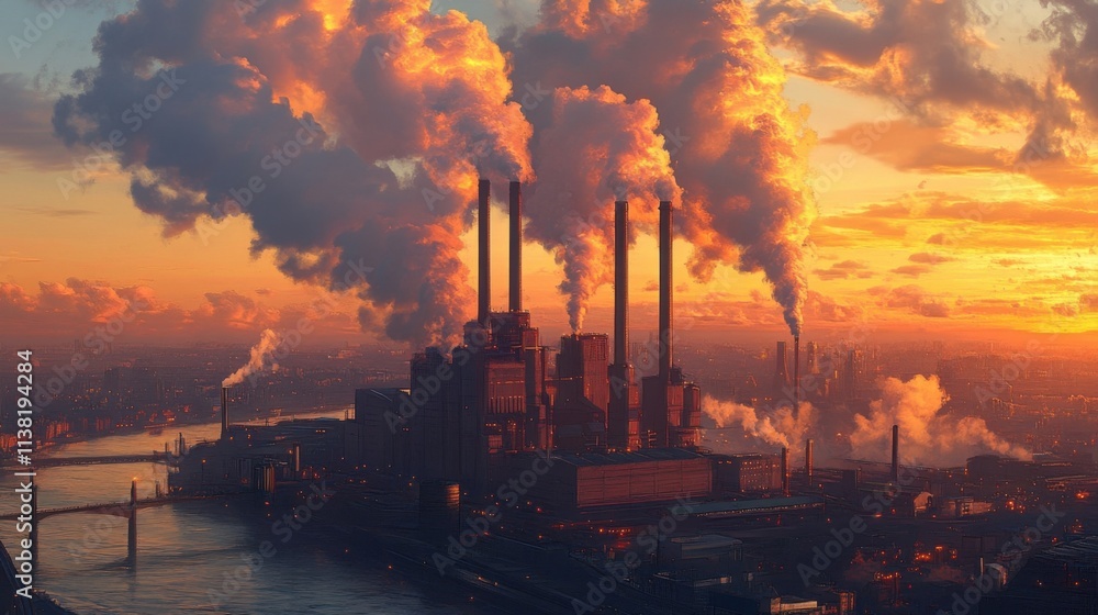 Factory,smokestacks,sunset,city.No transparency. Factory,smokestacks,sunset,city.No transparency.