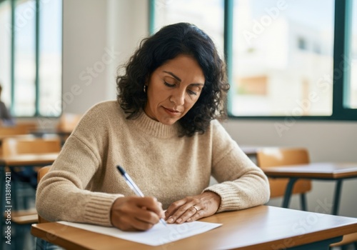 Concentrated mature student taking a written exam in a classroom setting, demonstrating focus and academic dedication
