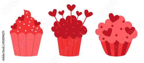 Set of Red Valentine Day Cupcakes. Vector flat illustration.