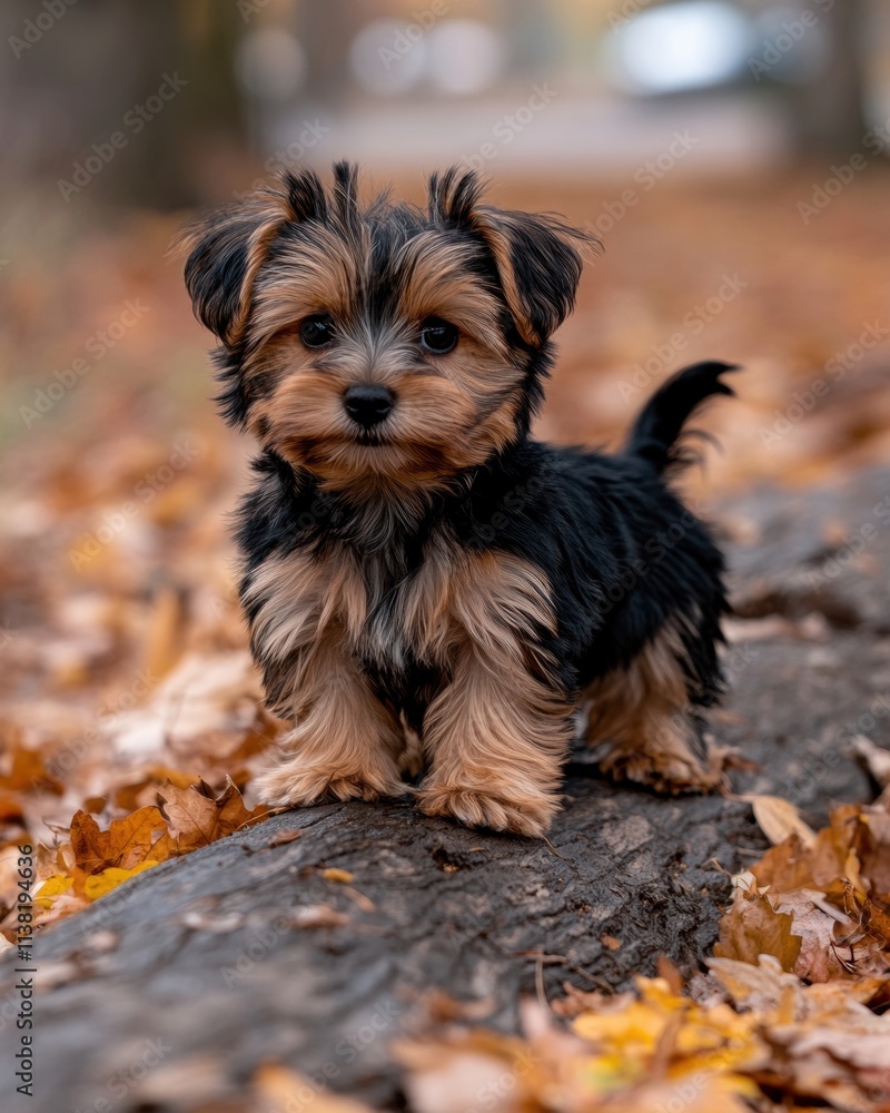 Adorable Yorkshire Terrier Puppy in Autumn Leaves Adorable Yorkshire Terrier Puppy in Autumn Leaves