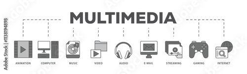 Multimedia infographic icon flow process which consists of e-mail, video, audio, internet, streaming, gaming, music, computer, animation icon live stroke and easy to edit .