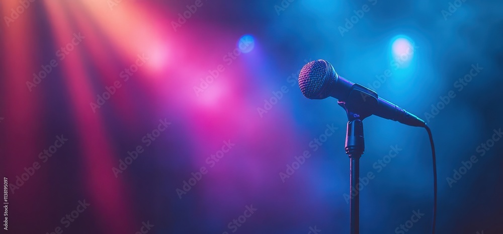 Obraz premium A microphone is on a stand in front of a colorful background
