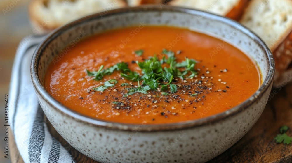 Tomato soup, bread, parsley, spices. Tomato soup, bread, parsley, spices.