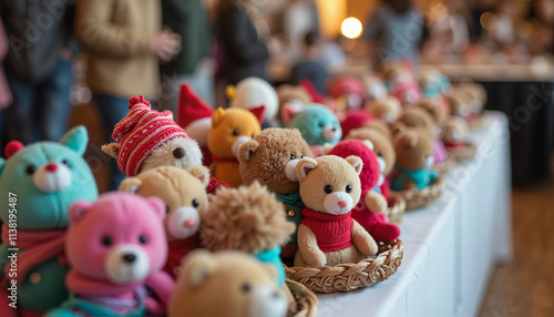 Colorful plush teddy bears displayed on a table at a festive event with people in the background